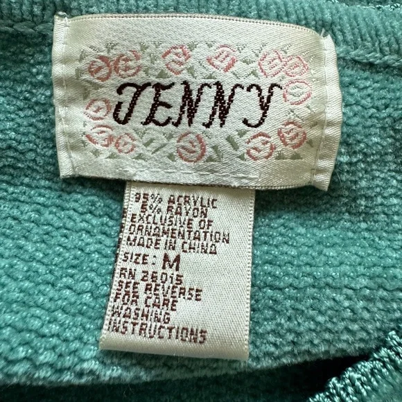 Vintage Jenny Teal Granny Core Button Pockets Beaded Knit Cardigan Size Medium - Picture 8 of 13